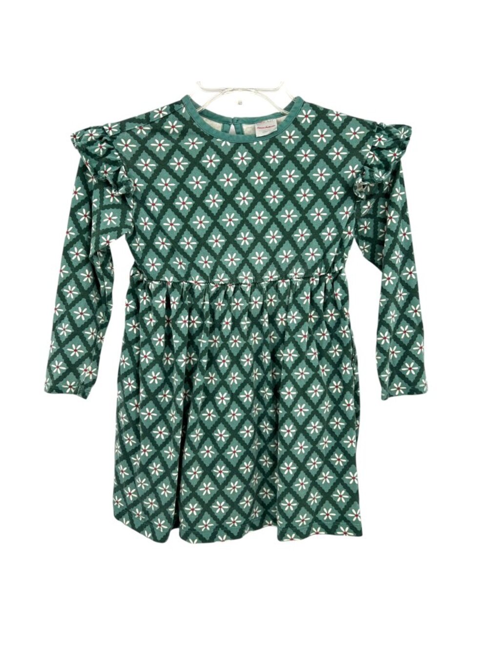 Hanna Andersson Daisy Print Ruffle Trim Green Long-Sleeve Cotton Dress Size 6-7